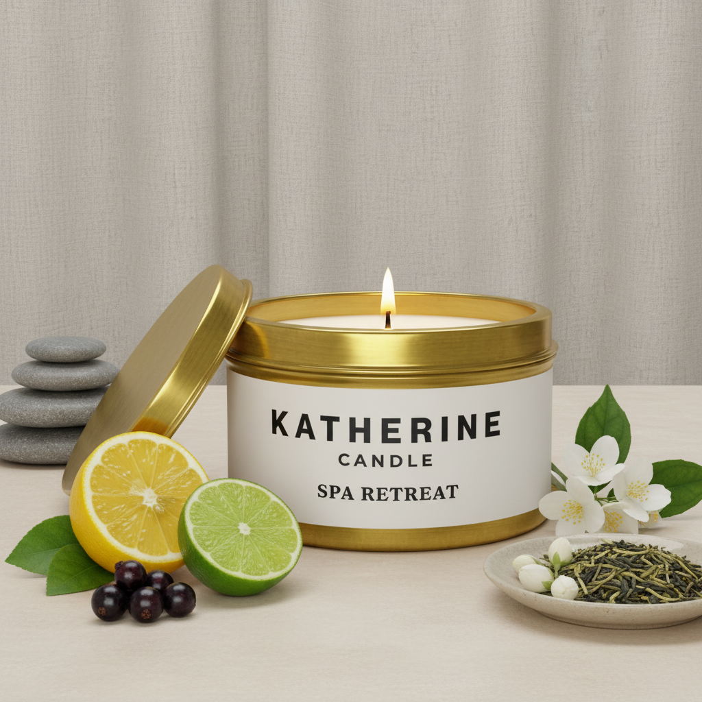 Gold spa retreat candle jar with open lid and lit wick