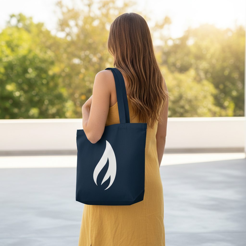 Navy canvas tote bag with white flame emblem, long handles, open top.