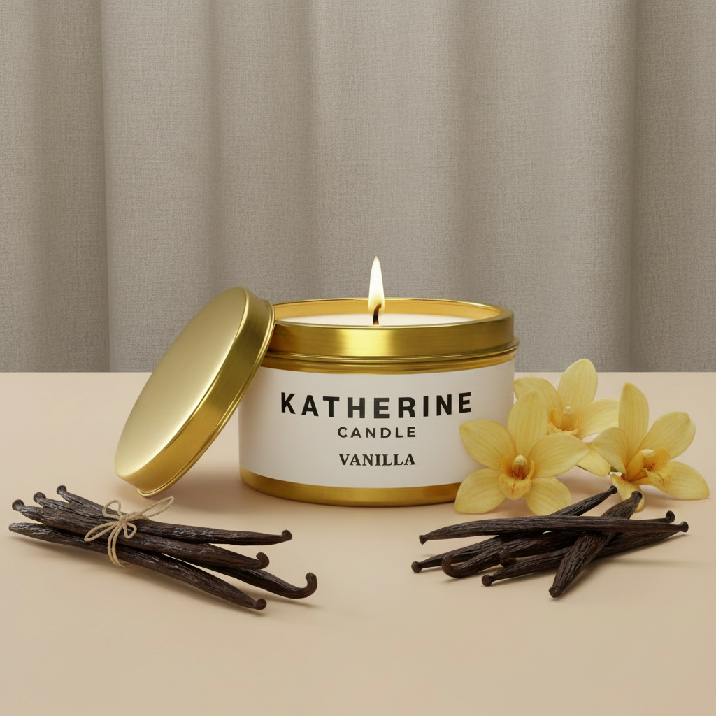 Gold candle jar with open lid, KATHERINE CANDLE label, vanilla pods and yellow orchids.