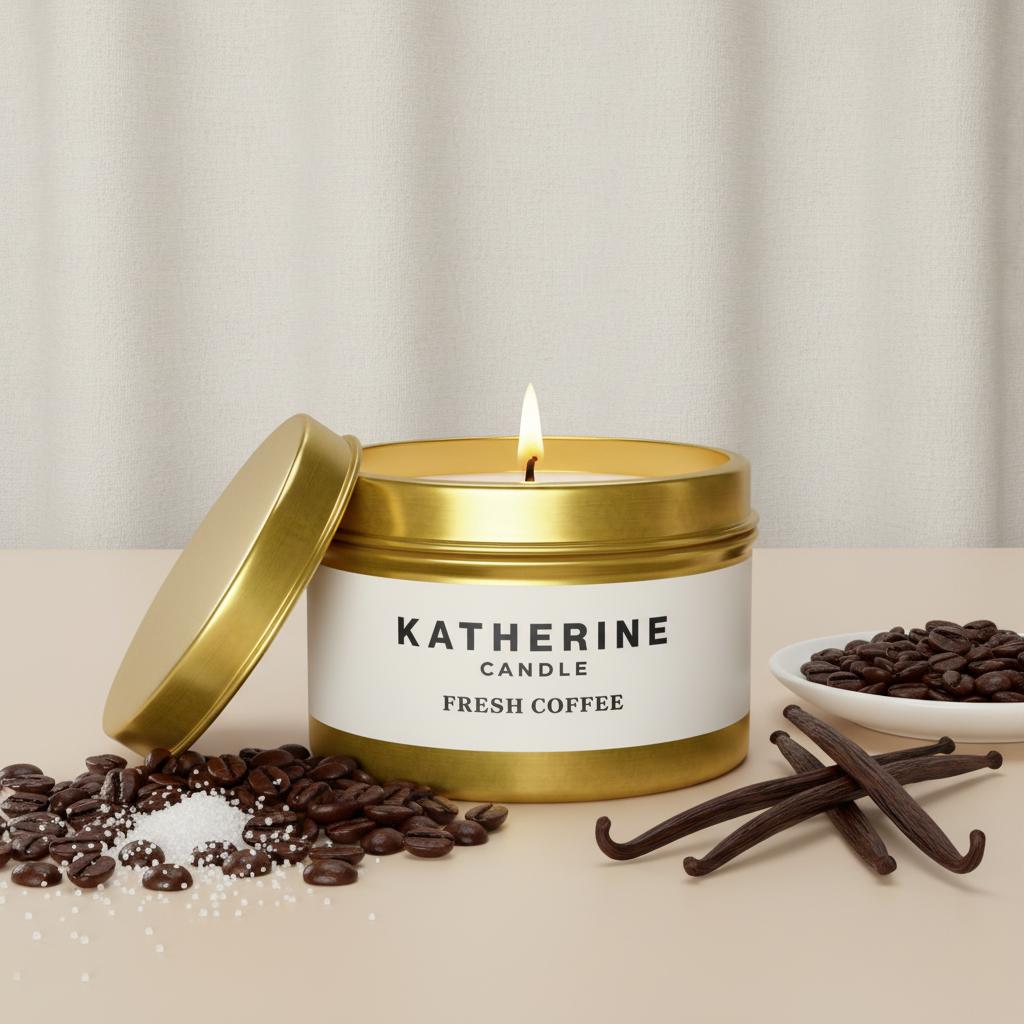 Gold candle jar with open lid and burning wick, coffee-scented label with beans