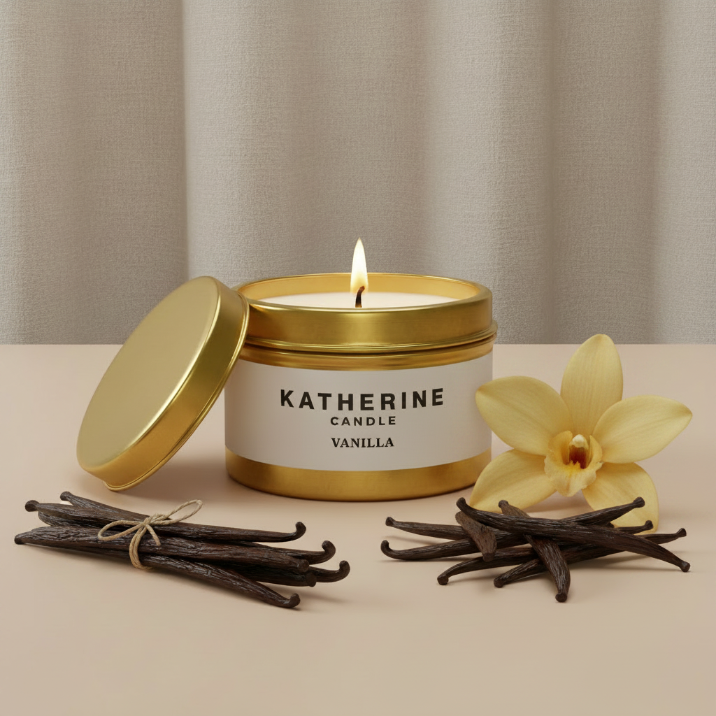 Gold vanilla bean candle tin with open lid, vanilla pods and yellow orchid flowers.