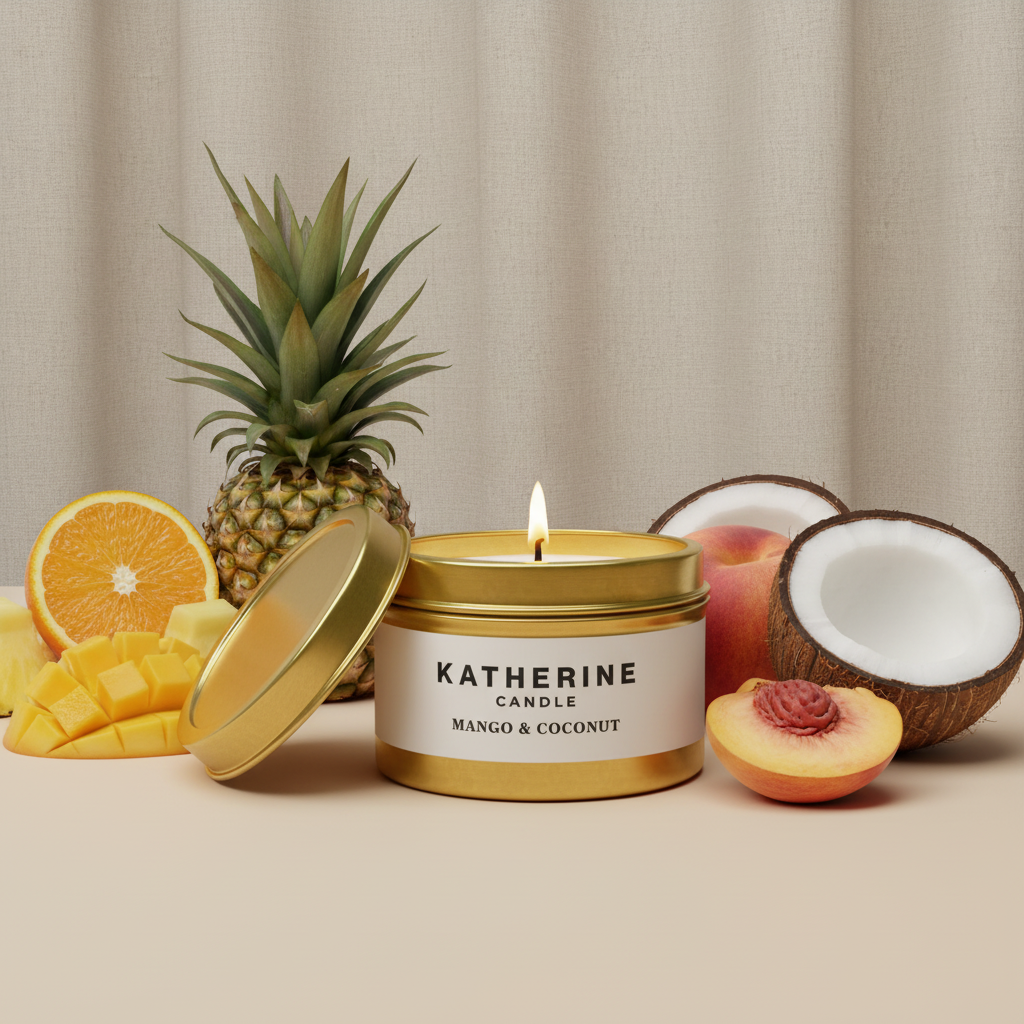 Gold mango & coconut candle in round jar with open lid and lit wick