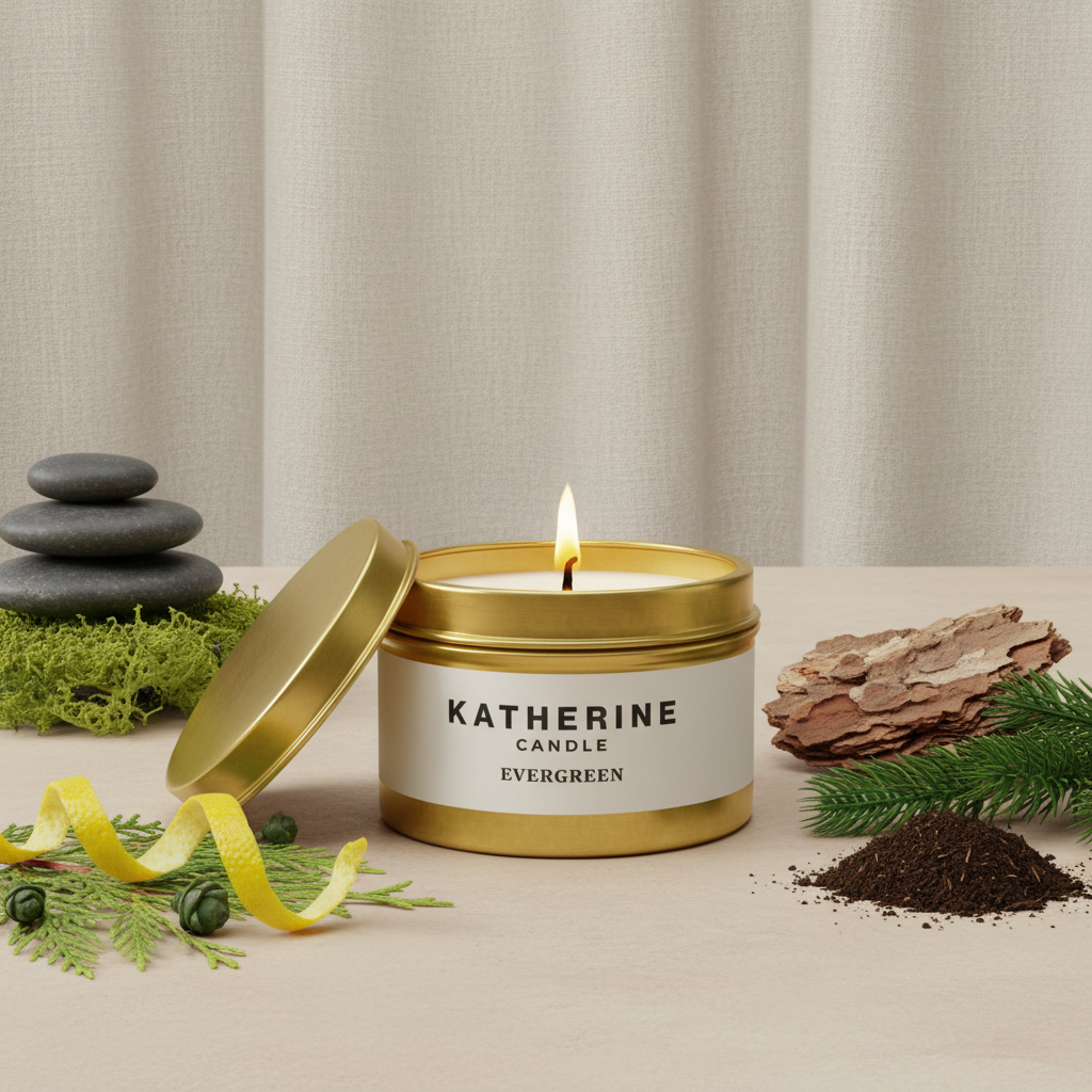Gold metal candle tin with open lid and flame, KATHERINE CANDLE label