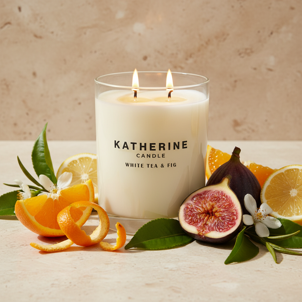White Tea & Fig candle in clear glass with figs and citrus pieces around