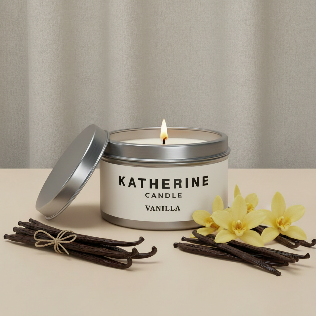 Silver vanilla bean candle tin with open lid, vanilla pods and yellow orchid flowers.