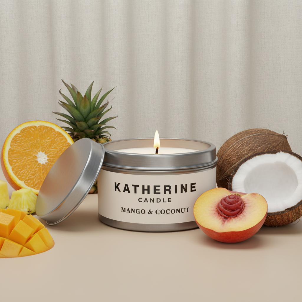 Silver candle jar with open lid and lit wick, mango & coconut label