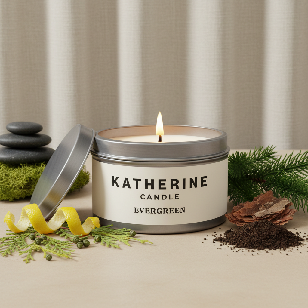 Silver metal candle tin with flame and tilted lid, KATHERINE CANDLE label