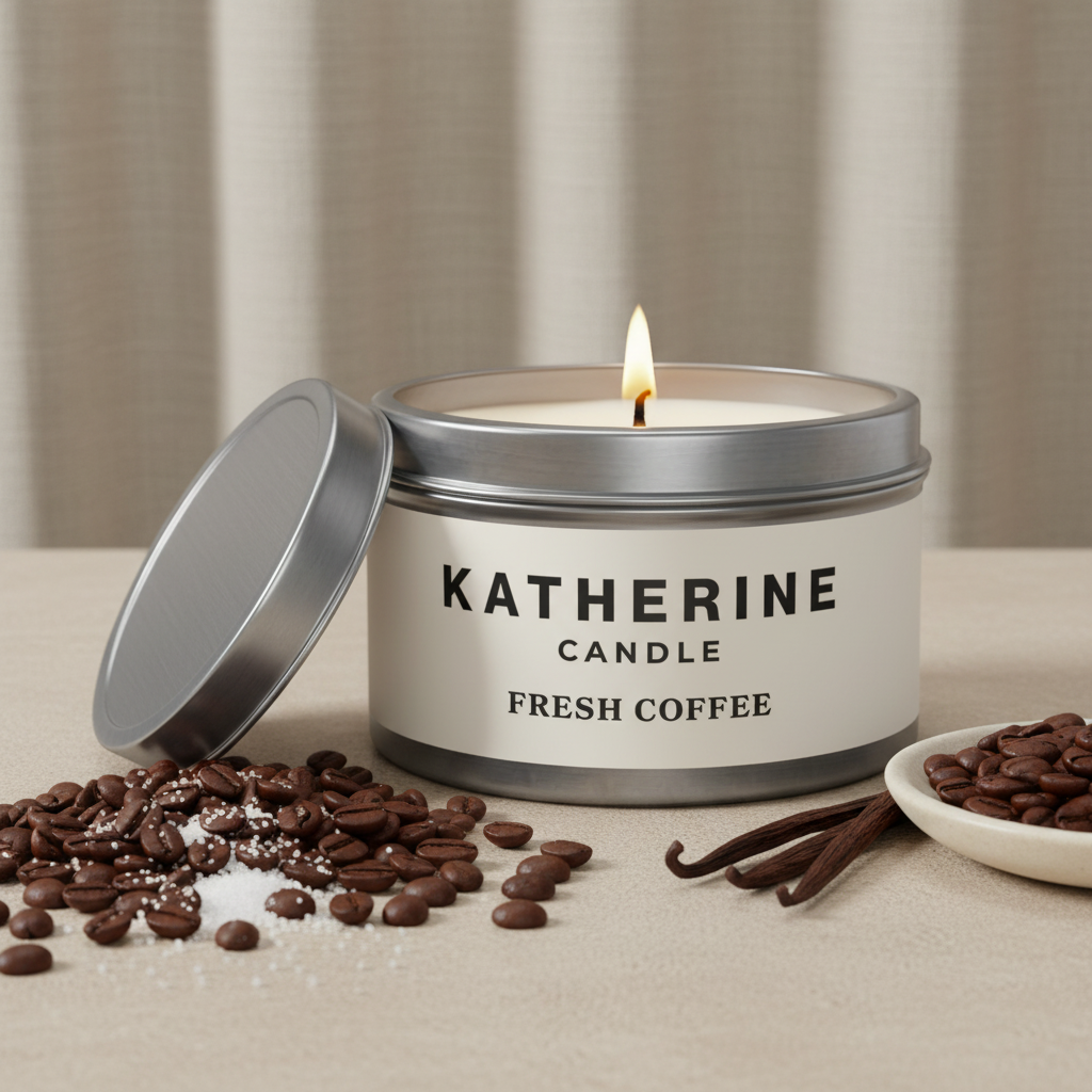 Silver candle jar with open lid and burning wick, coffee-scented label with beans