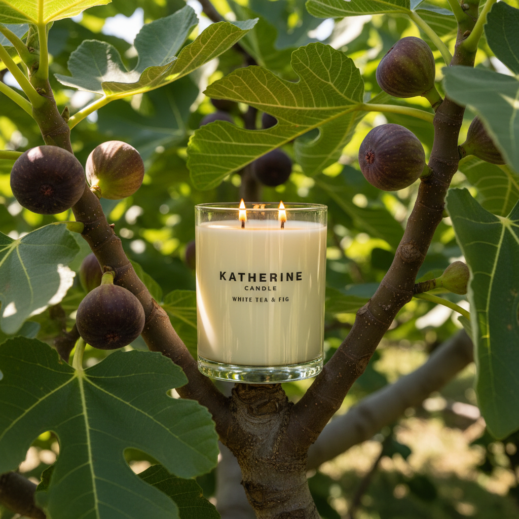 White Tea & Fig candle in clear glass placed among outdoor fig leaves