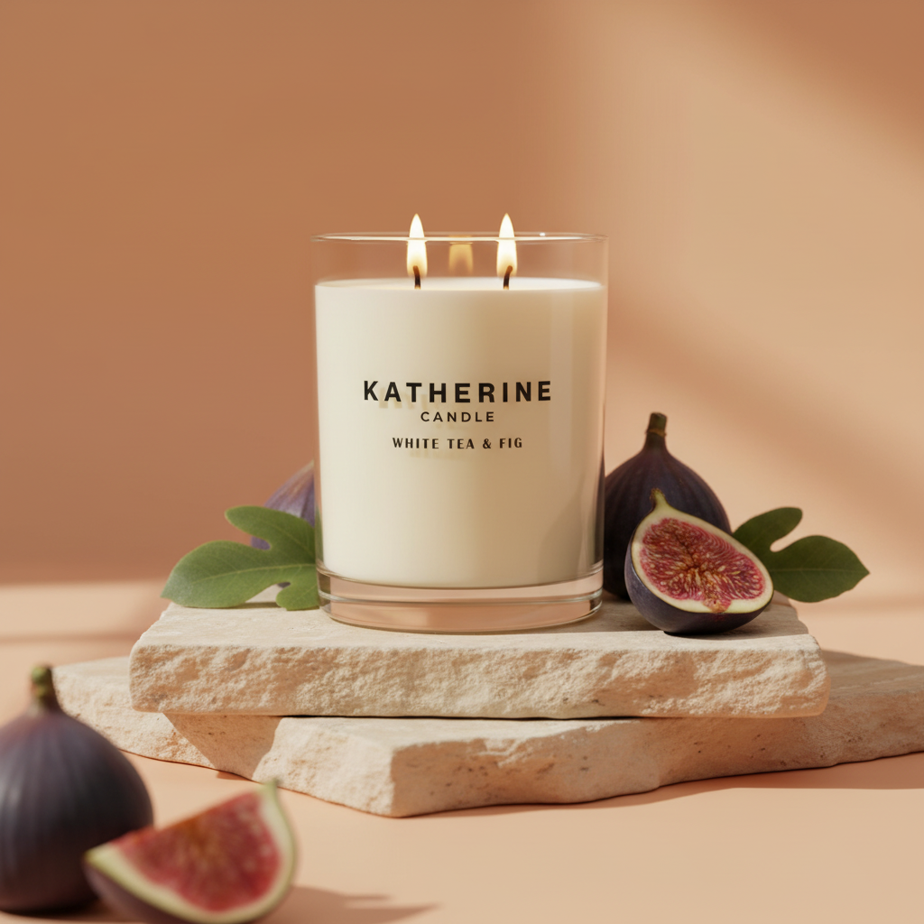 White Tea & Fig candle in clear glass on stone base with fig and herbs