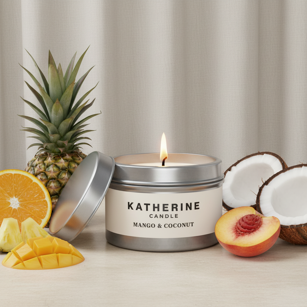 Silver mango & coconut candle in round jar with open lid and lit wick