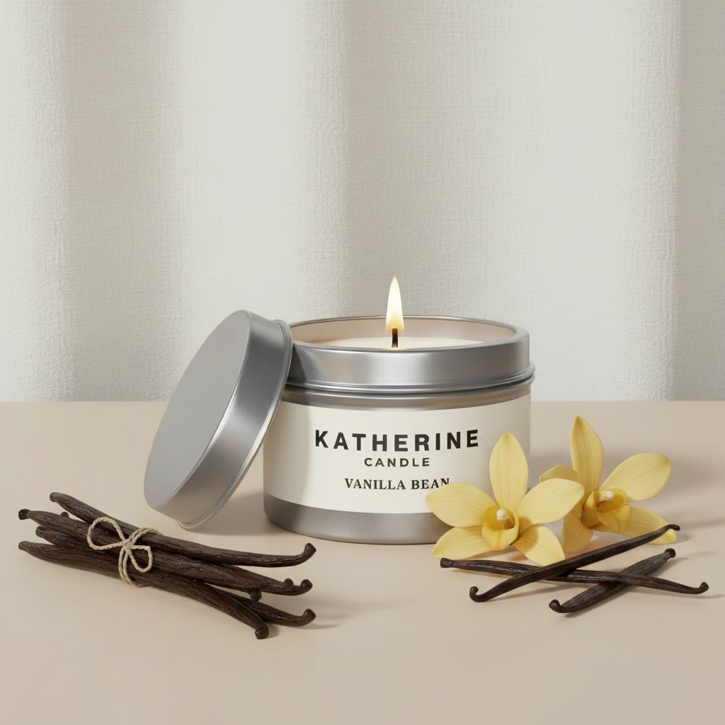 Silver candle jar with open lid, KATHERINE CANDLE label, vanilla pods and yellow orchids.