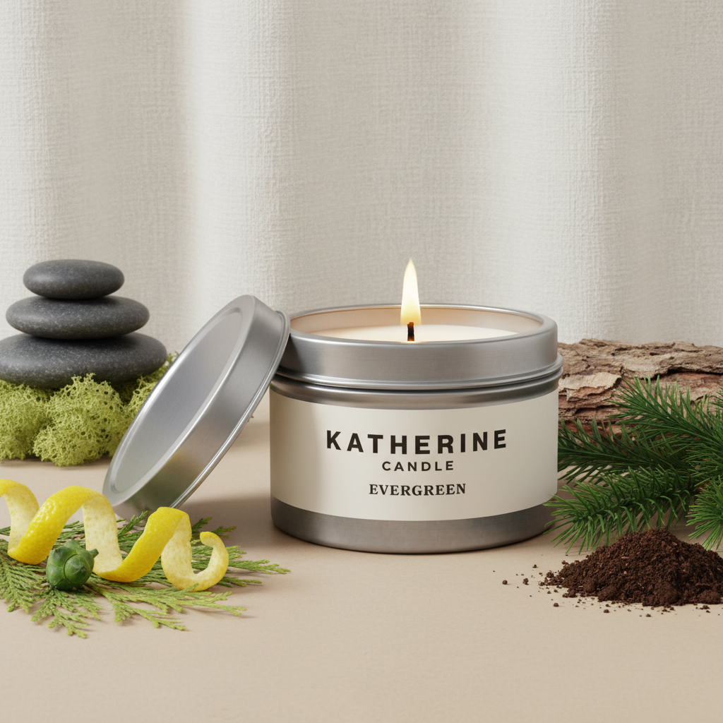 Silver metal candle tin with open lid and flame, KATHERINE CANDLE label