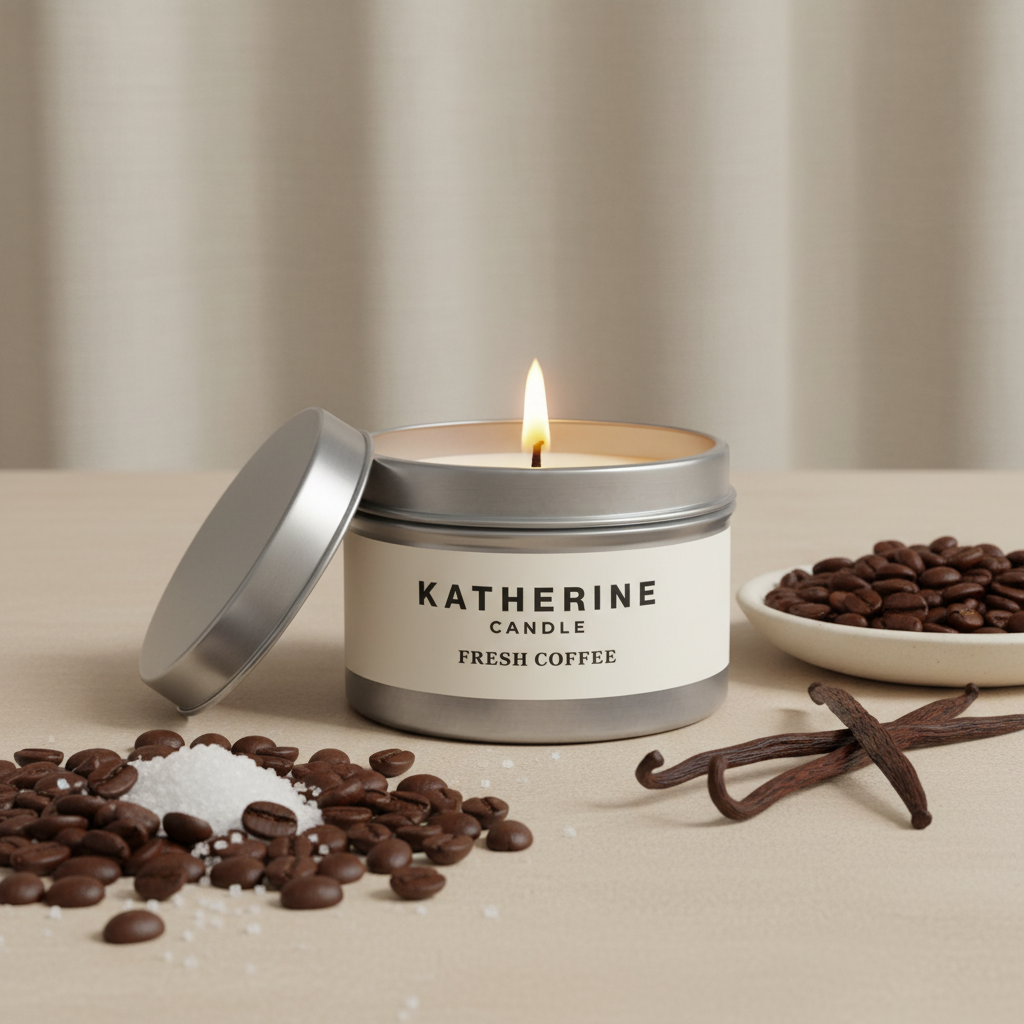 Silver candle jar with open lid and burning wick, coffee-scented label