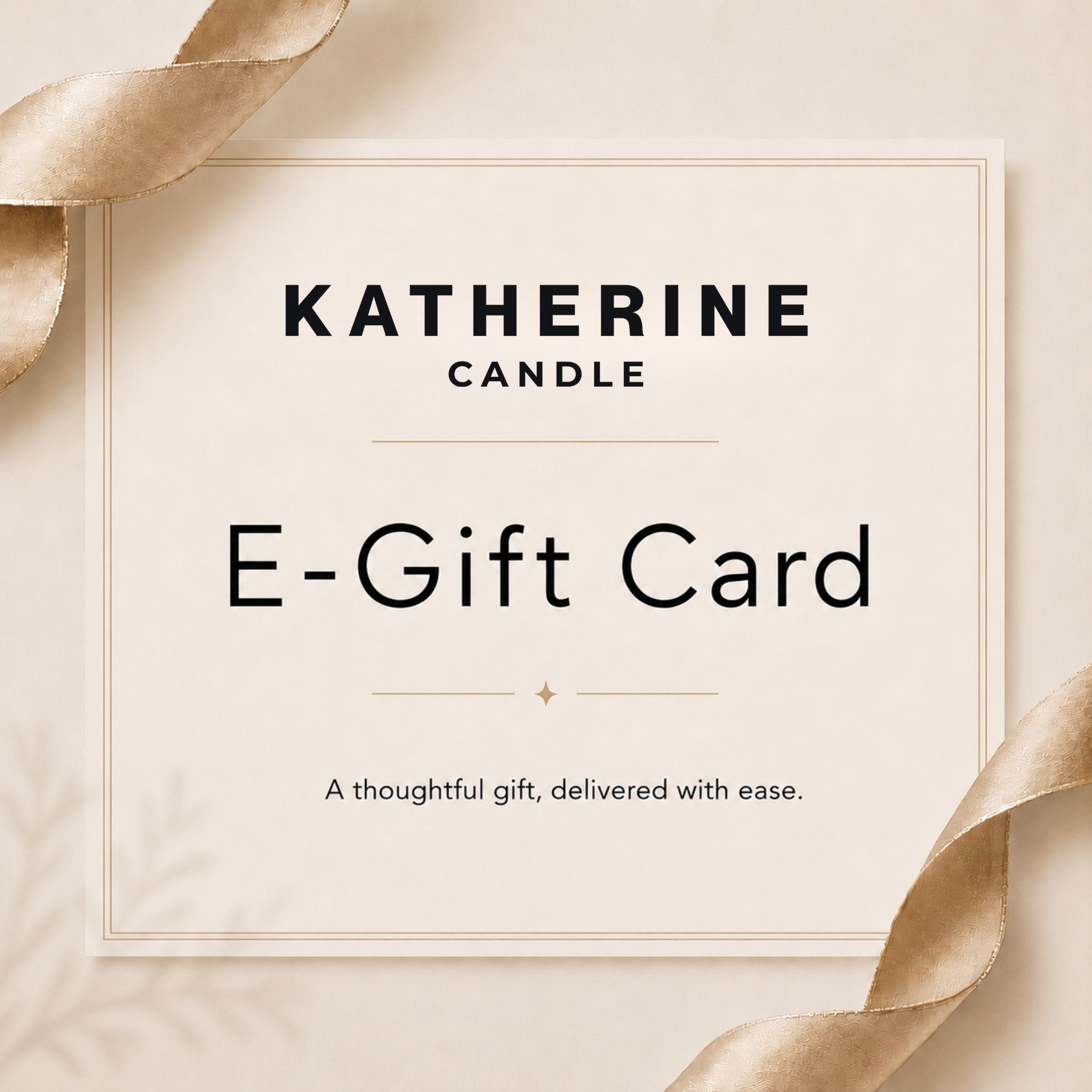 KATHERINE CANDLE e-gift card with 'E-Gift Card' text and gold ribbon