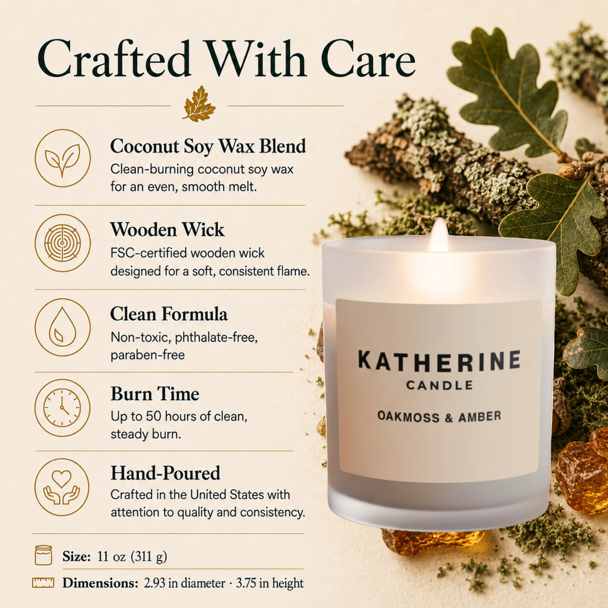 White KATHERINE CANDLE Oakmoss & Amber candle with care/burn info text panel