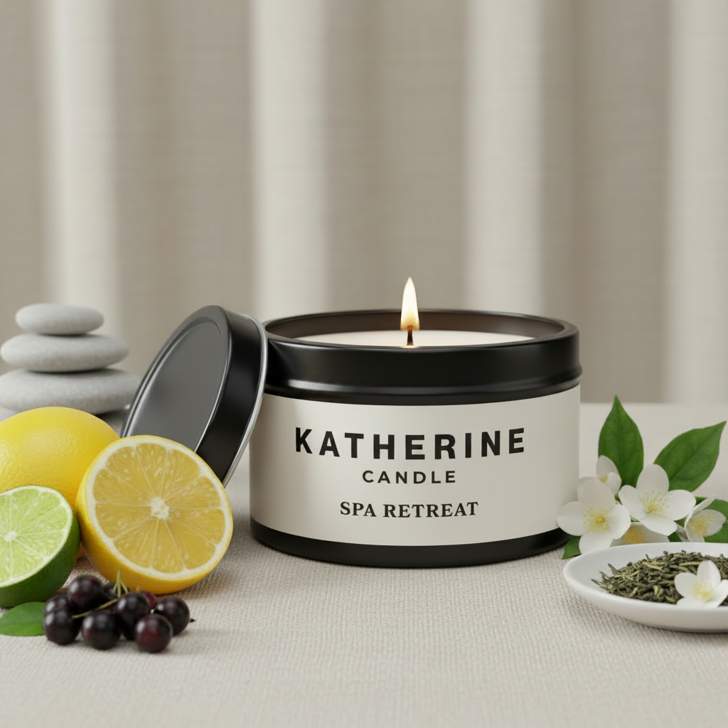 Black Spa Retreat candle in metal tin, lid open with flame