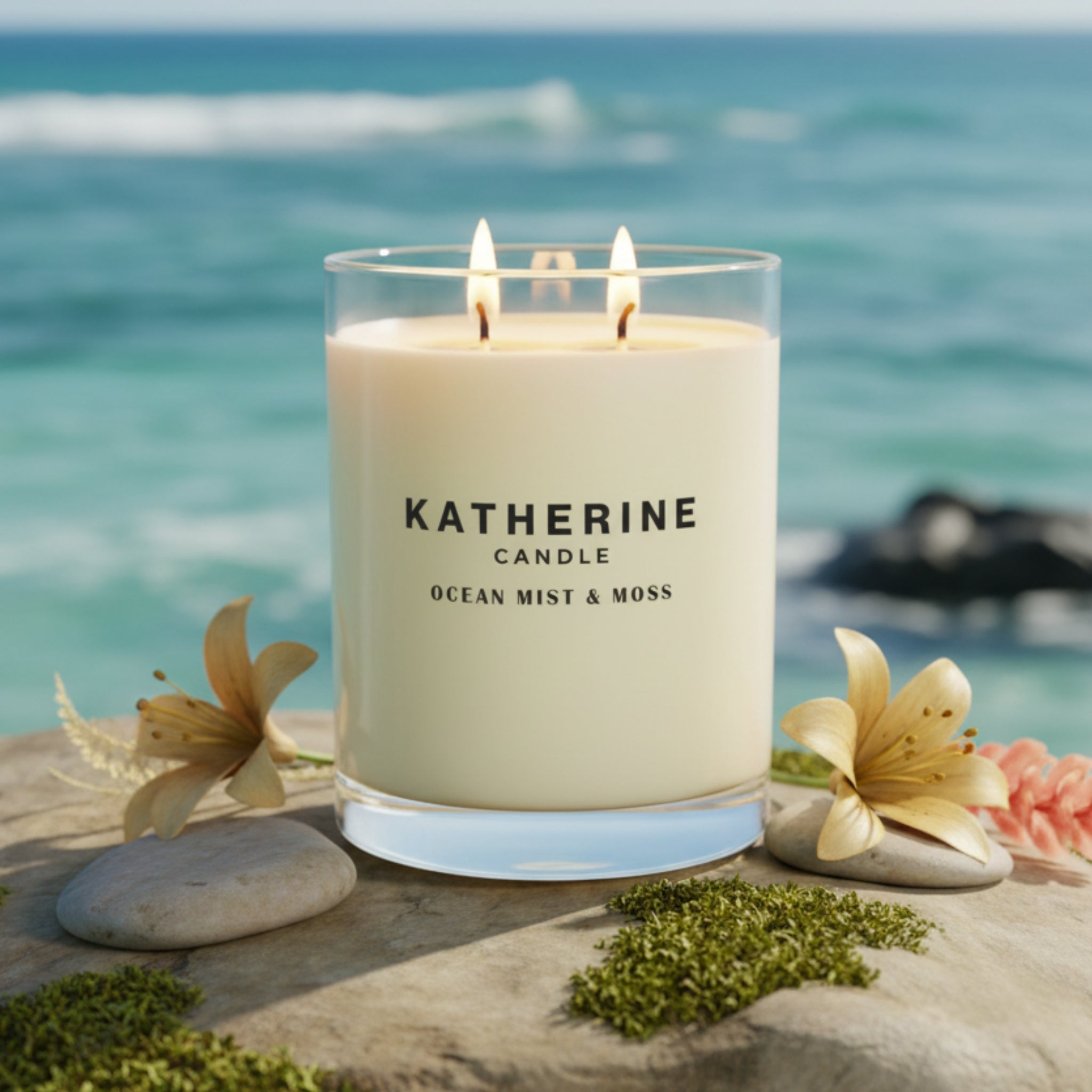 Ocean Mist & Moss candle in clear glass jar, three flames, off-white wax on beach stones