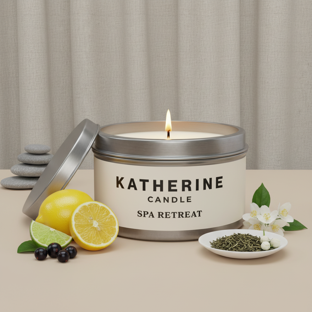 Silver spa retreat candle jar with open lid and lit wick