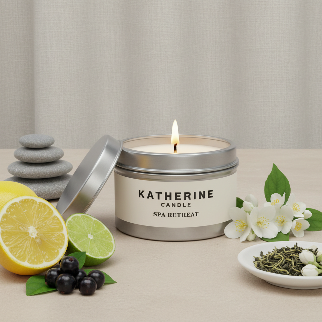 Silver spa retreat candle jar with open lid and lit wick
