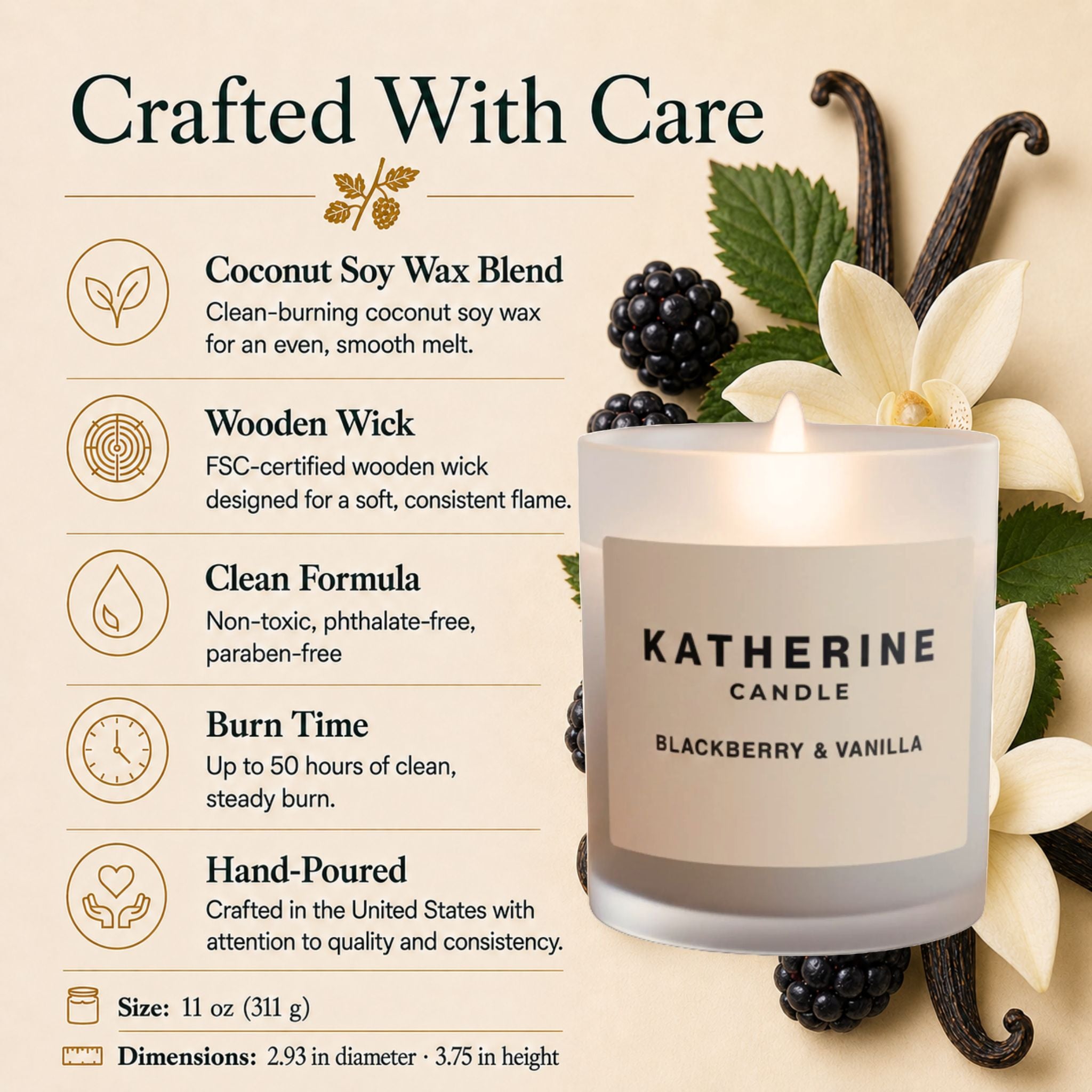 White candle jar with KATHERINE label and visible wooden wick, blackberry & vanilla