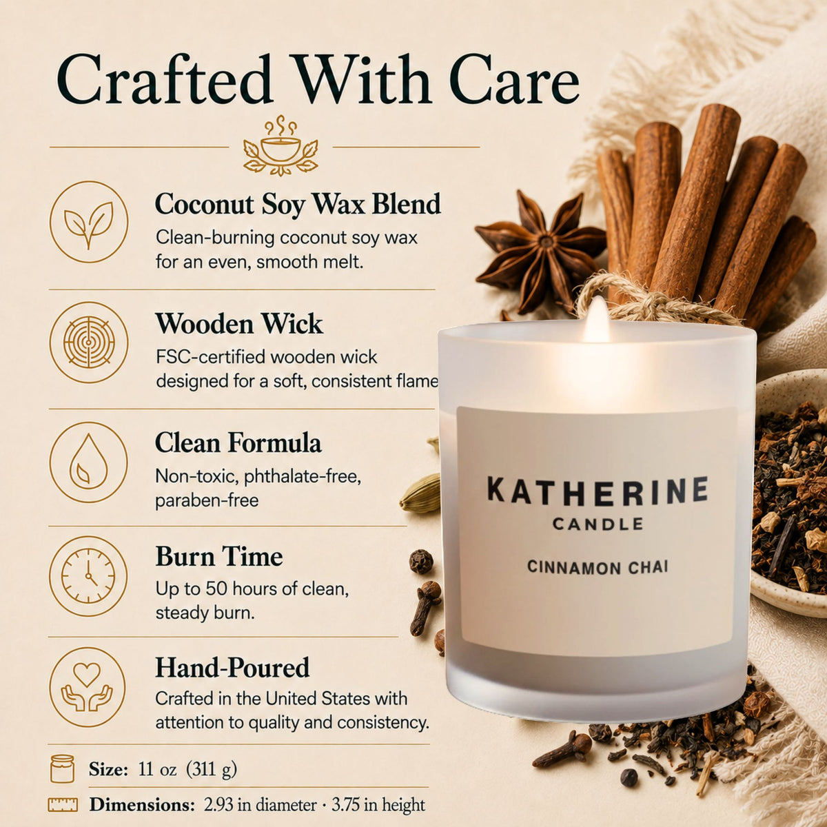 White KATHERINE CANDLE Cinnamon Chai candle with lit wick