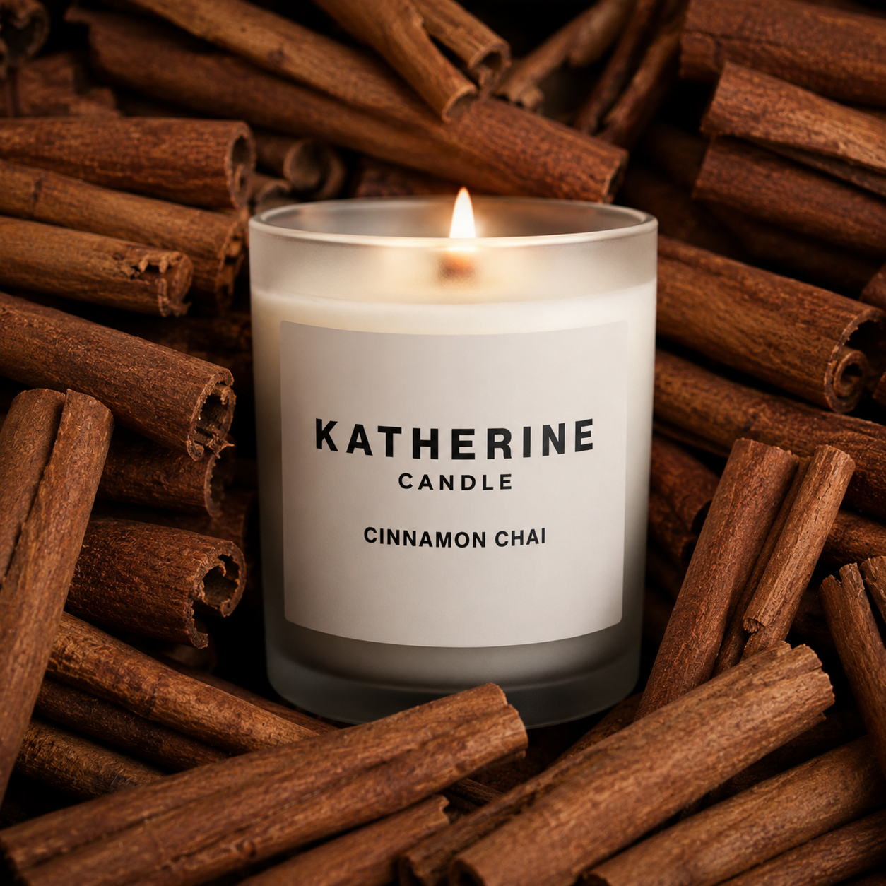 White Cinnamon Chai candle with KATHERINE CANDLE label and lit wick
