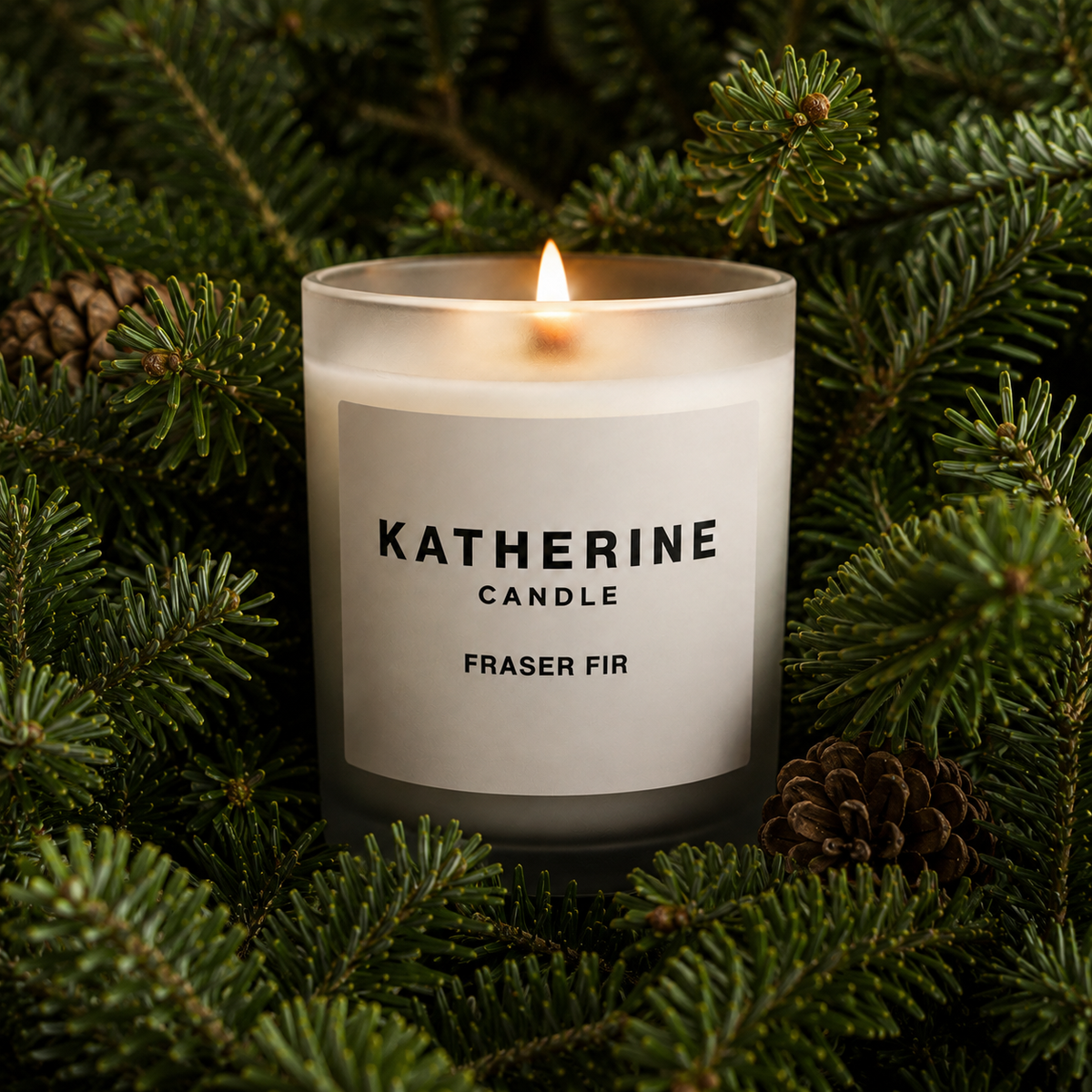 White jar Fraser fir candle with lit wick and KATHERINE CANDLE label