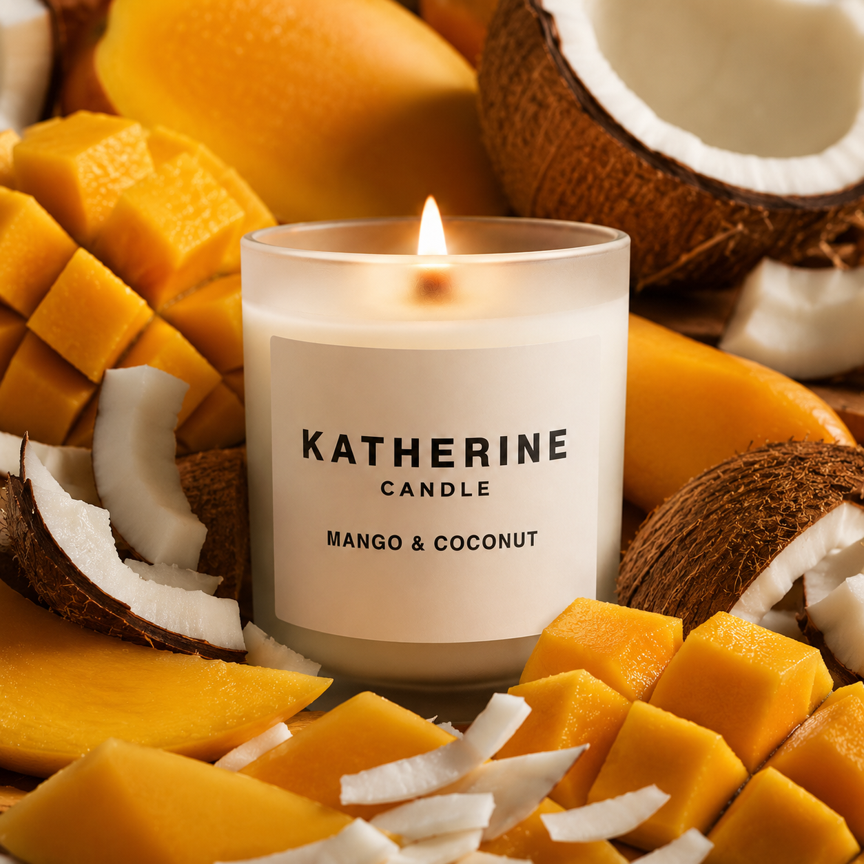 Mango & coconut jar candle, white label, lit flame with coconut and mango pieces