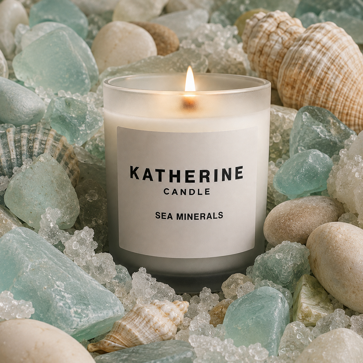 Sea Minerals candle in frosted jar with KATHERINE CANDLE label, lit wick.