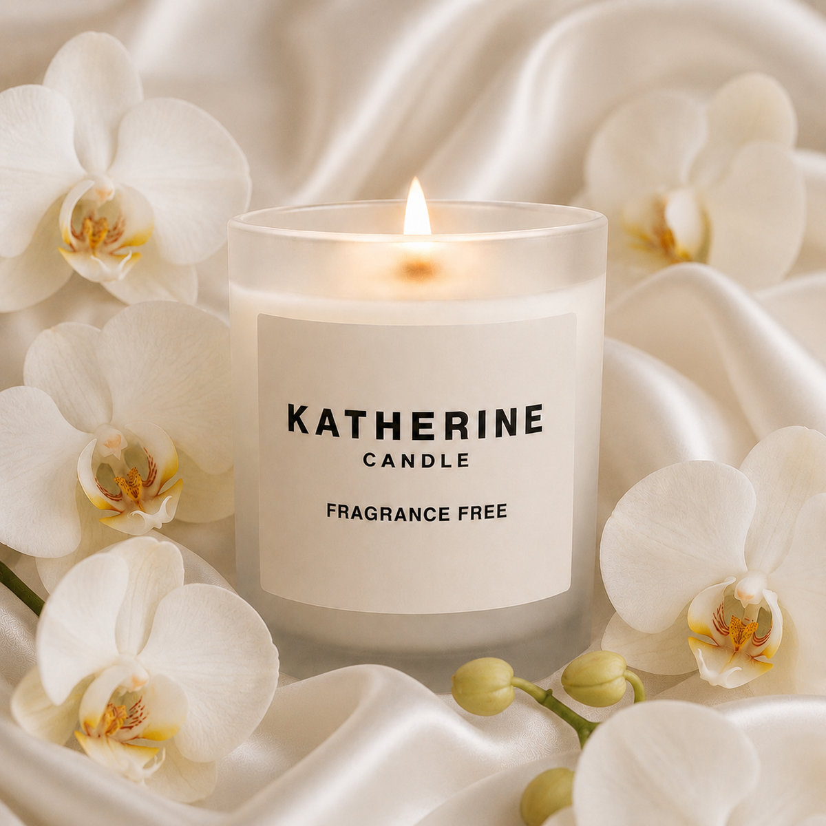 White fragrance-free candle with lit wick and KATHERINE CANDLE label