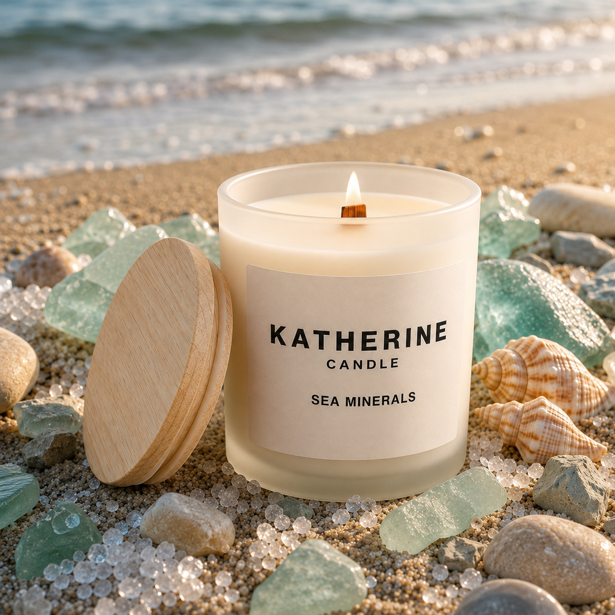 Sea minerals coconut soy wax candle in frosted glass jar, flame lit, wooden lid beside