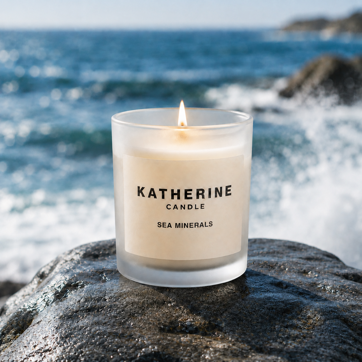 Sea minerals coconut soy wax candle in frosted glass jar, flame lit on stone