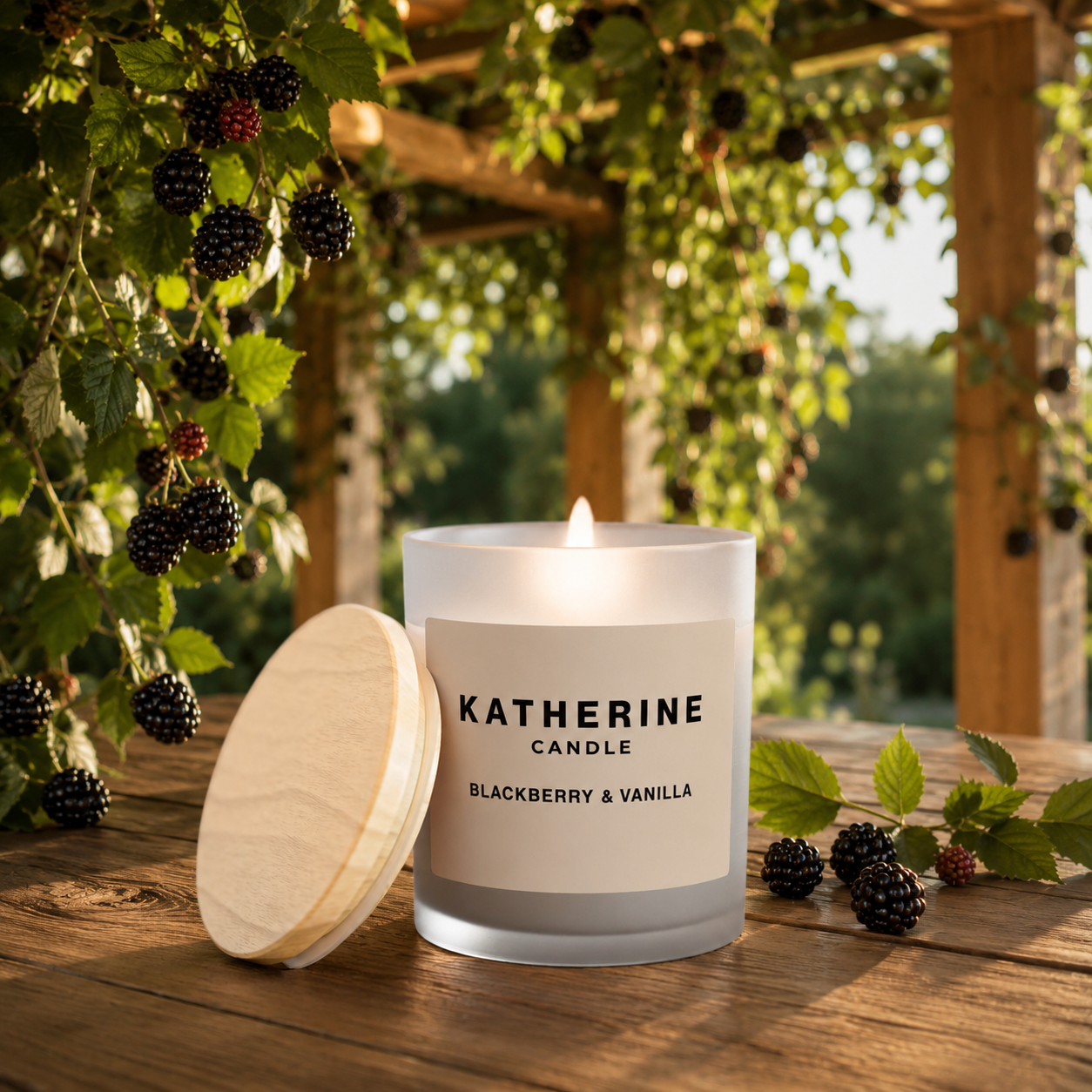 White candle jar with lit wick, KATHERINE "Blackberry & Vanilla" label, lid open