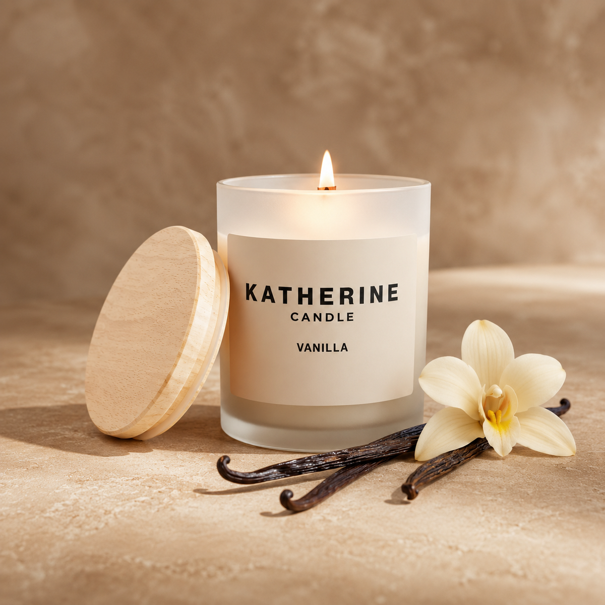A lit Katherine Candle in a frosted glass jar with a cream label reading 'KATHERINE CANDLE VANILLA,' shown with a light wood lid leaning beside it and vanilla beans and a white orchid flower on a warm beige surface.