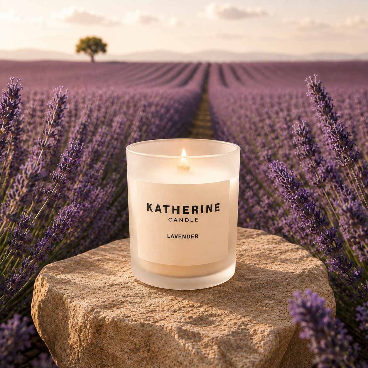 A lit Katherine Candle jar candle labeled 'Lavender' sits on a stone pedestal surrounded by blooming lavender fields at sunset.