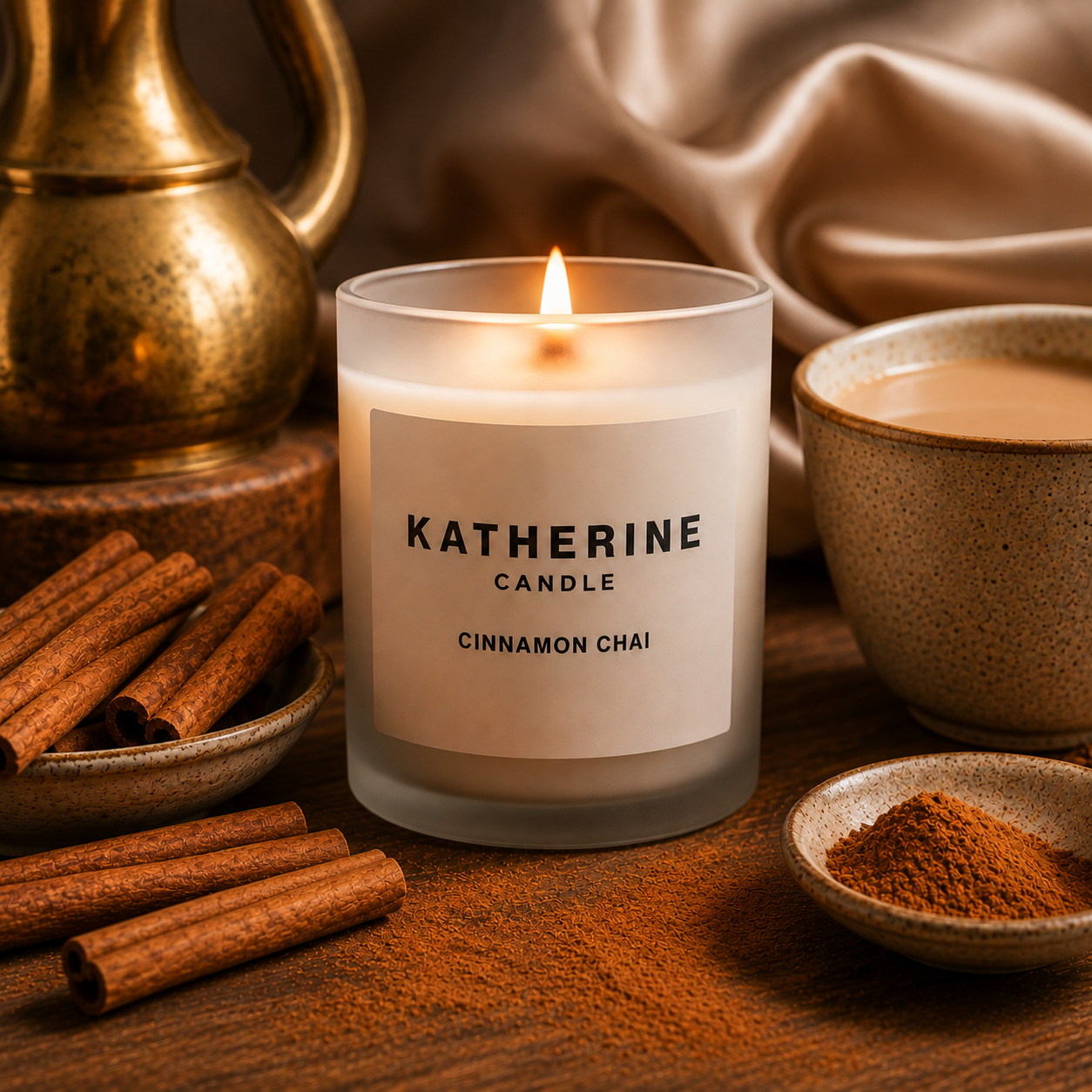 Lit coconut soy candle in frosted jar with KATHERINE CANDLE and Cinnamon Chai label