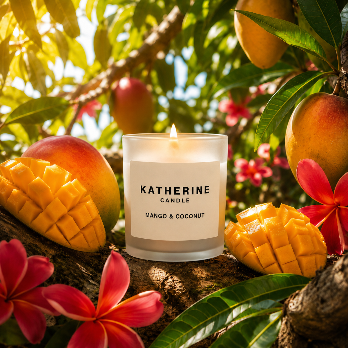 White candle in glass jar with flame; label reads KATHERINE CANDLE Mango & Coconut, mango nearby