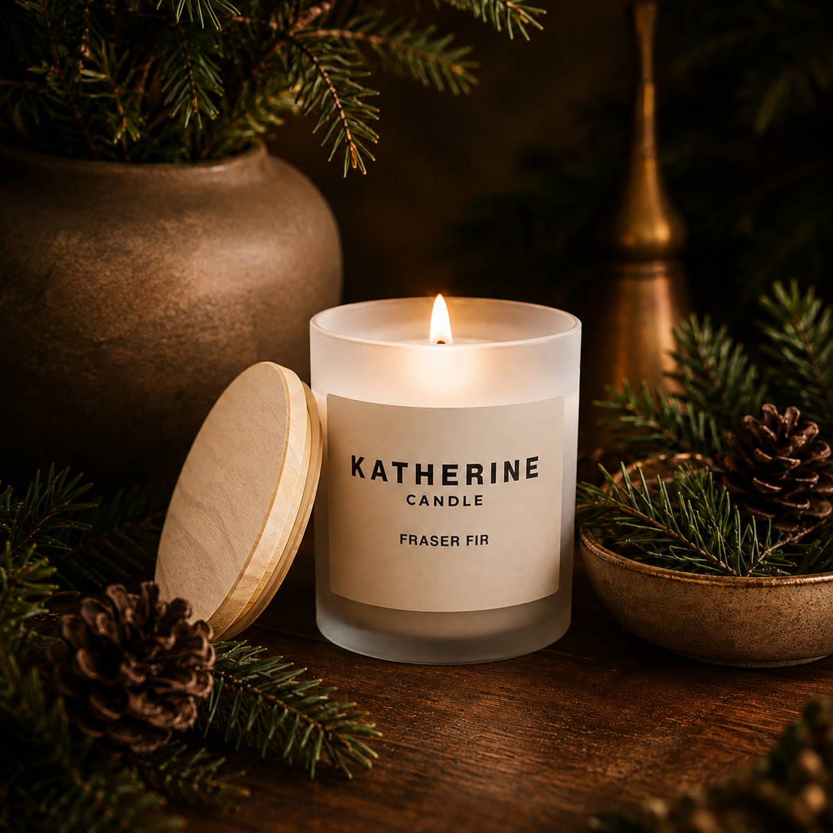 A lit Katherine Candle in a frosted glass jar with a wooden lid leaning beside it, styled on a wooden surface with pine branches, pinecones, and rustic bowls.
