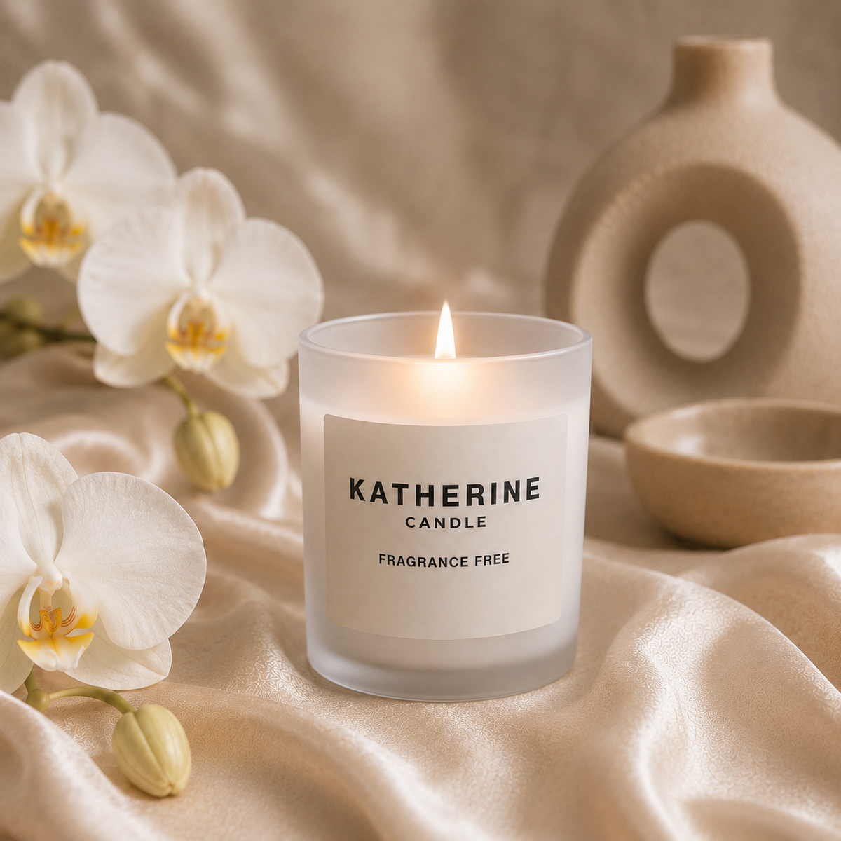 A frosted glass candle jar with a white label reading 'KATHERINE CANDLE' and 'FRAGRANCE FREE' sits lit on draped satin fabric, surrounded by white orchids and neutral ceramic decor.