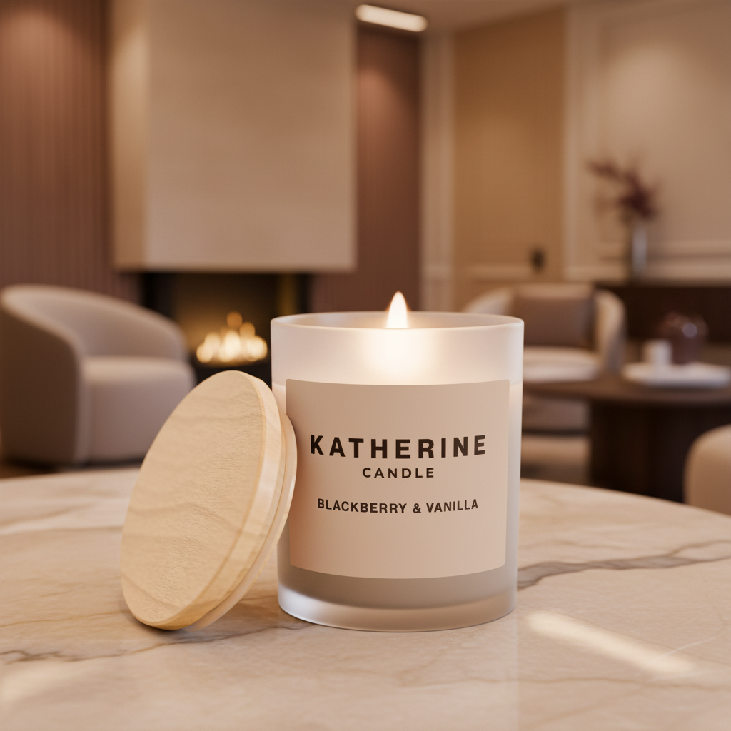 Vanilla & blackberry candle in white glass jar with open beige lid