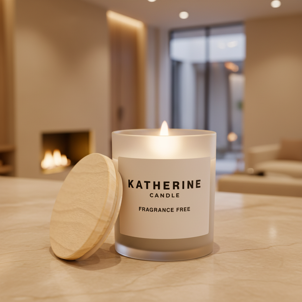 Fragrance-free candle in frosted glass jar with wood lid; label reads Katherine