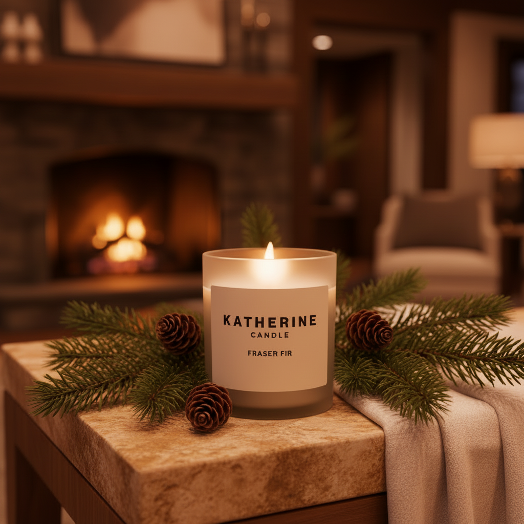 Candle labeled 'Katherine Candle Fraser Fir' on a table with decorative elements in a cozy room.