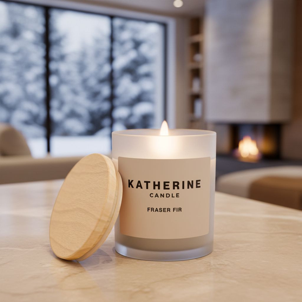 Fraser Fir candle in frosted glass with wooden lid, burning wick flame.