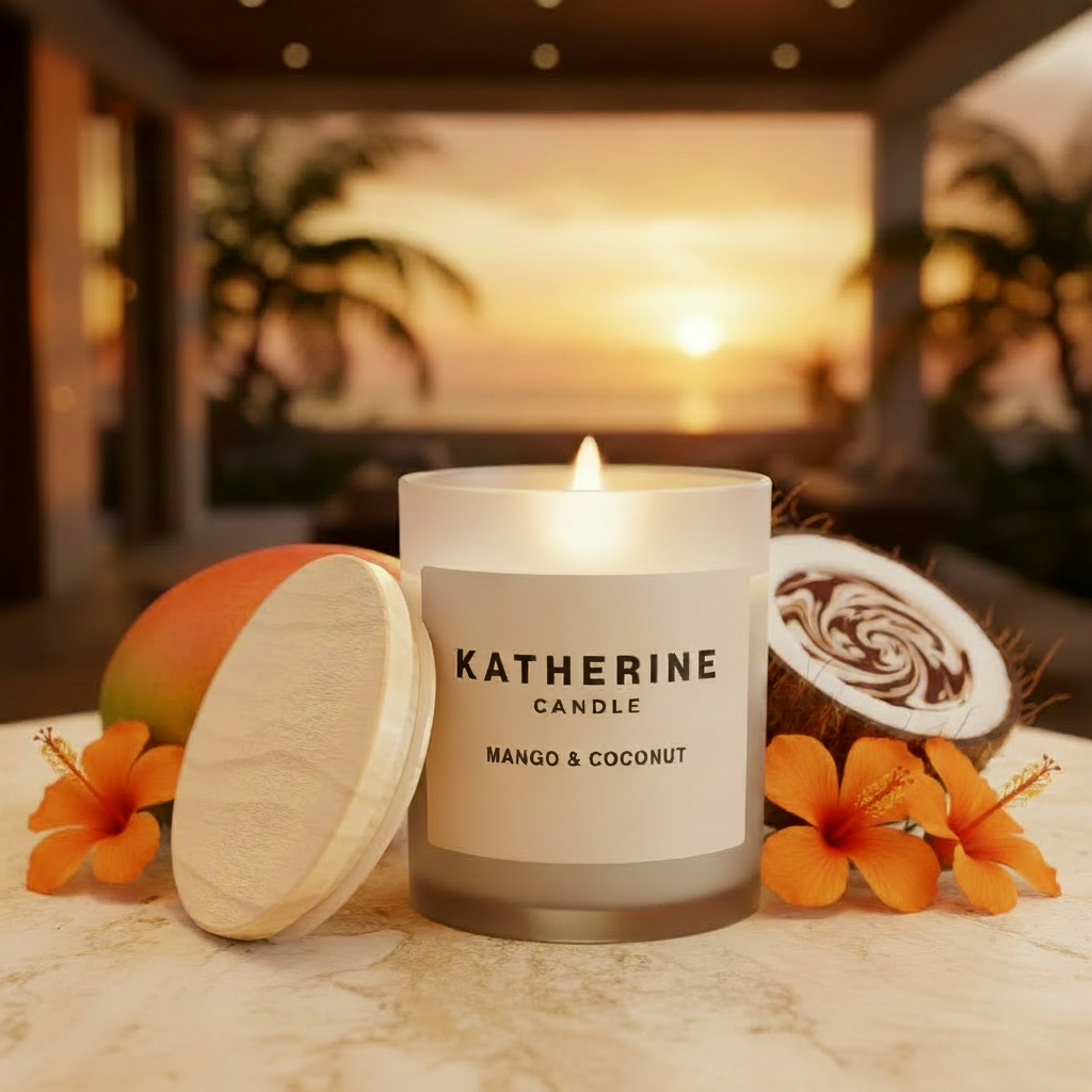 White candle in glass jar with wood lid; label reads KATHERINE CANDLE Mango & Coconut