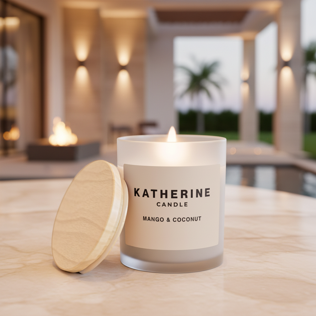 White candle in glass jar with wooden lid, label says KATHERINE MANGO & COCONUT