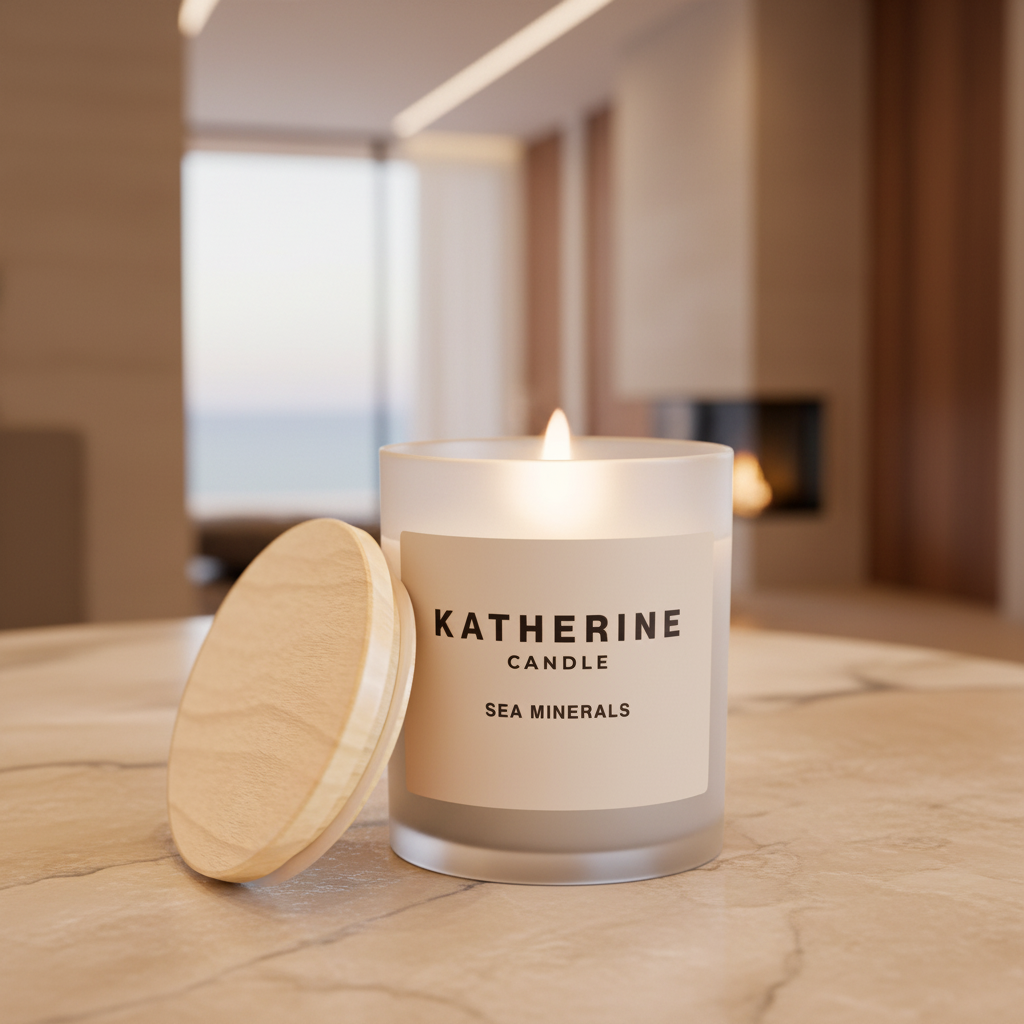 Sea minerals candle in white jar with wooden lid beside, burning wick