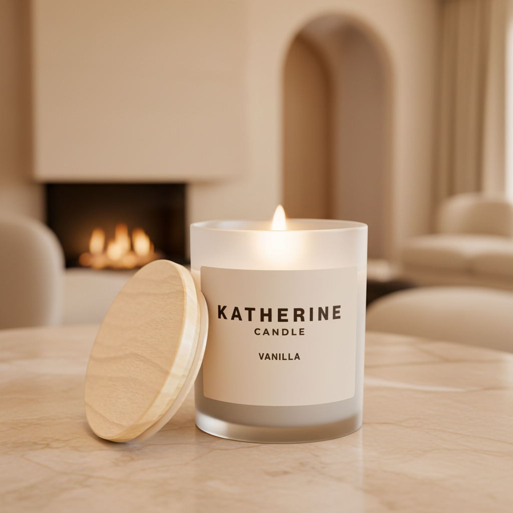 Vanilla candle in white jar with wooden lid beside it, flame on top