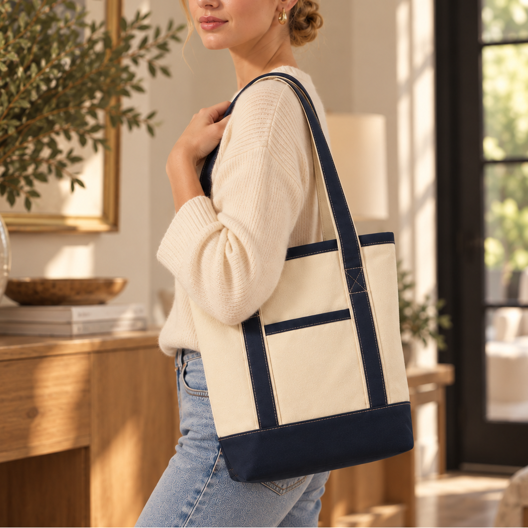 Cotton canvas tote bag with navy trim, top handles and wide front panels