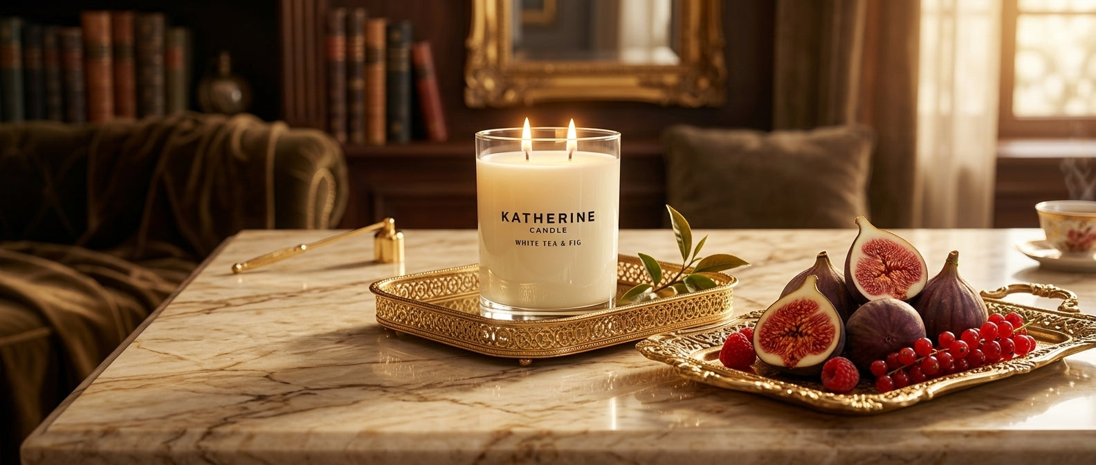 A lit Katherine Paris candle in a clear glass jar sits on a gold tray on a marble table, styled in a warm, elegant room with figs and berries on a nearby tray.